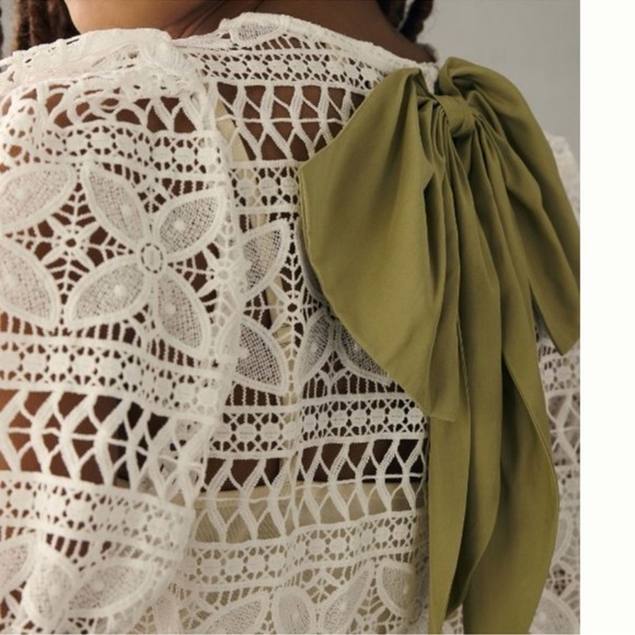 Anthropologie DOLAN‎ white Puff-Sleeve Crochet Bow  Back Top size medium girly - Picture 3 of 8
